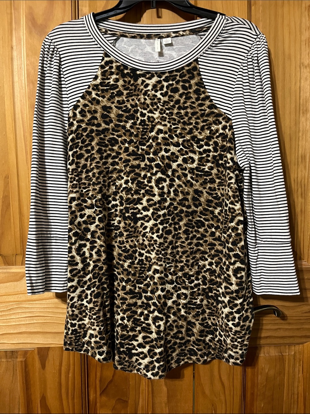 Cato Leopard Print A-Line Top with Black & White Striped Raglan Sleeves